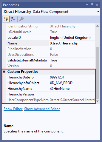 Properties Window in Visual Studio showing all custom properties of Xtract Hierarchy