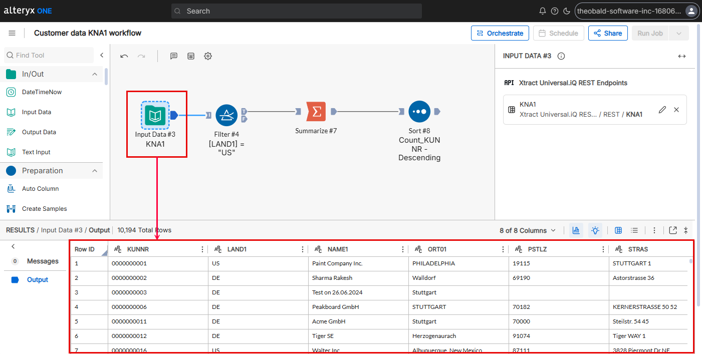 Alteryx One workflow with data imported from an Xtract Universal.iQ service