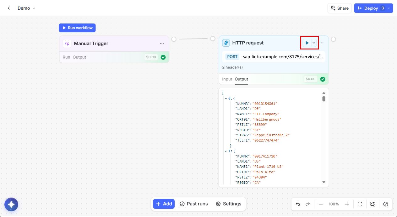 simple workflow that highlights the run button in the HTTP request node and shows the service output