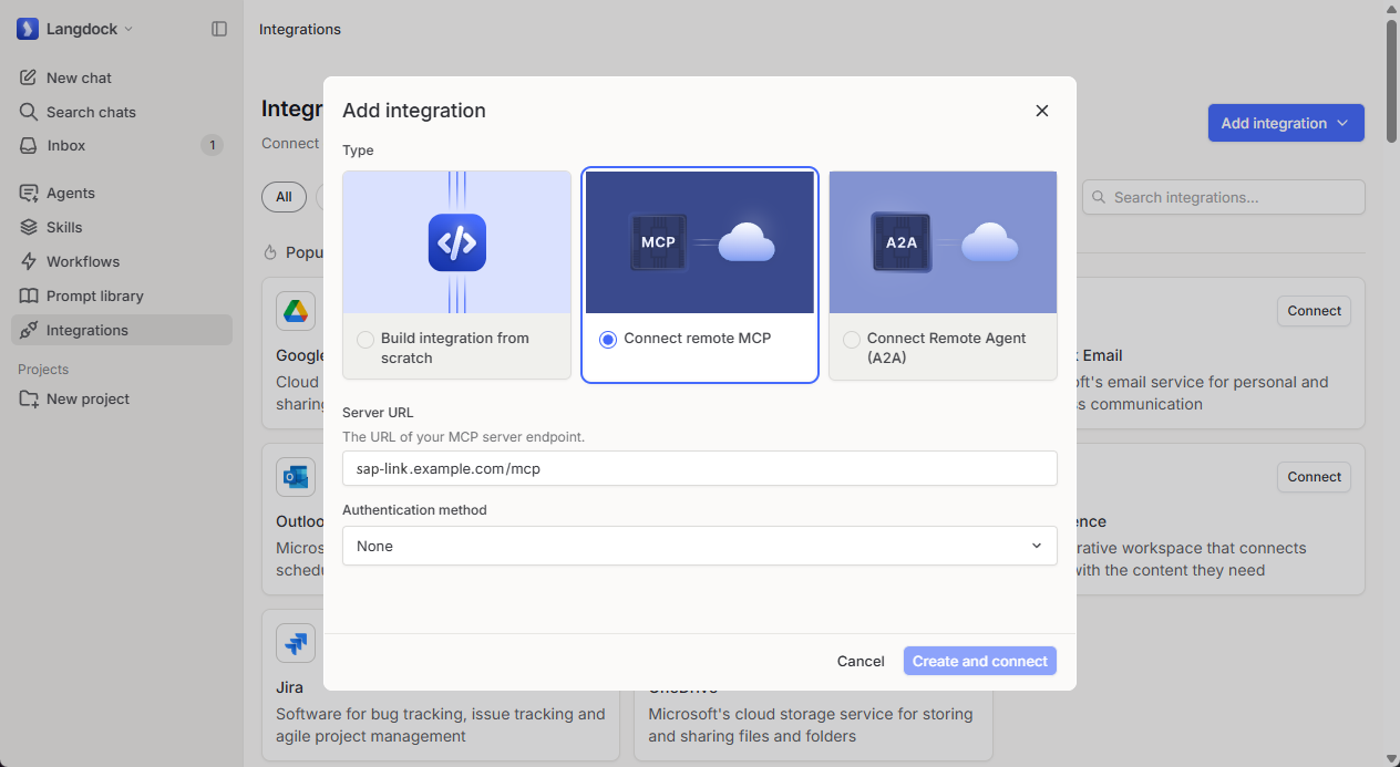 Langdock integration menu showing 'Connect remote MCP' option