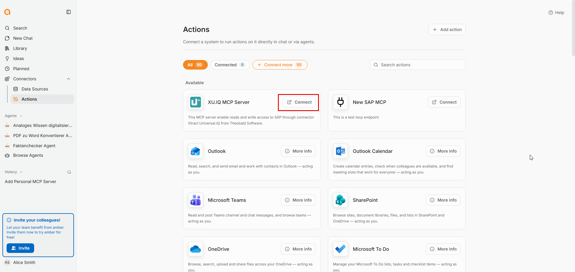 ambersearch dashboard connect to actions