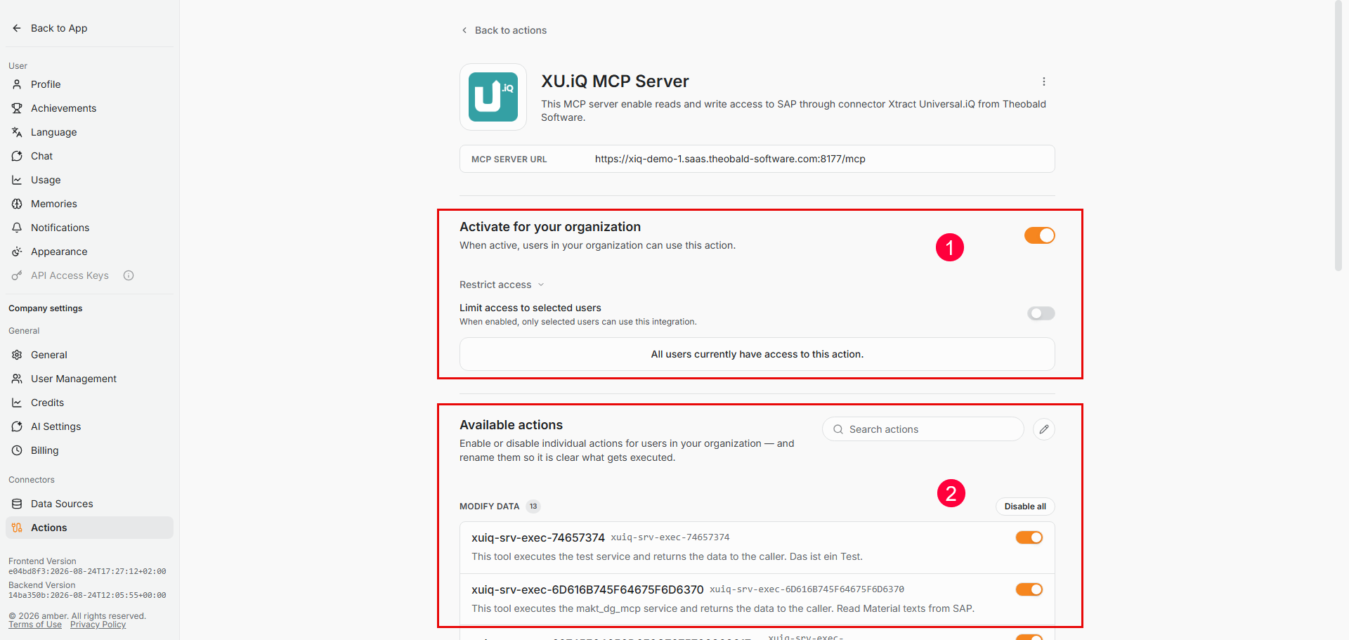 ambersearch connector actions settings menu