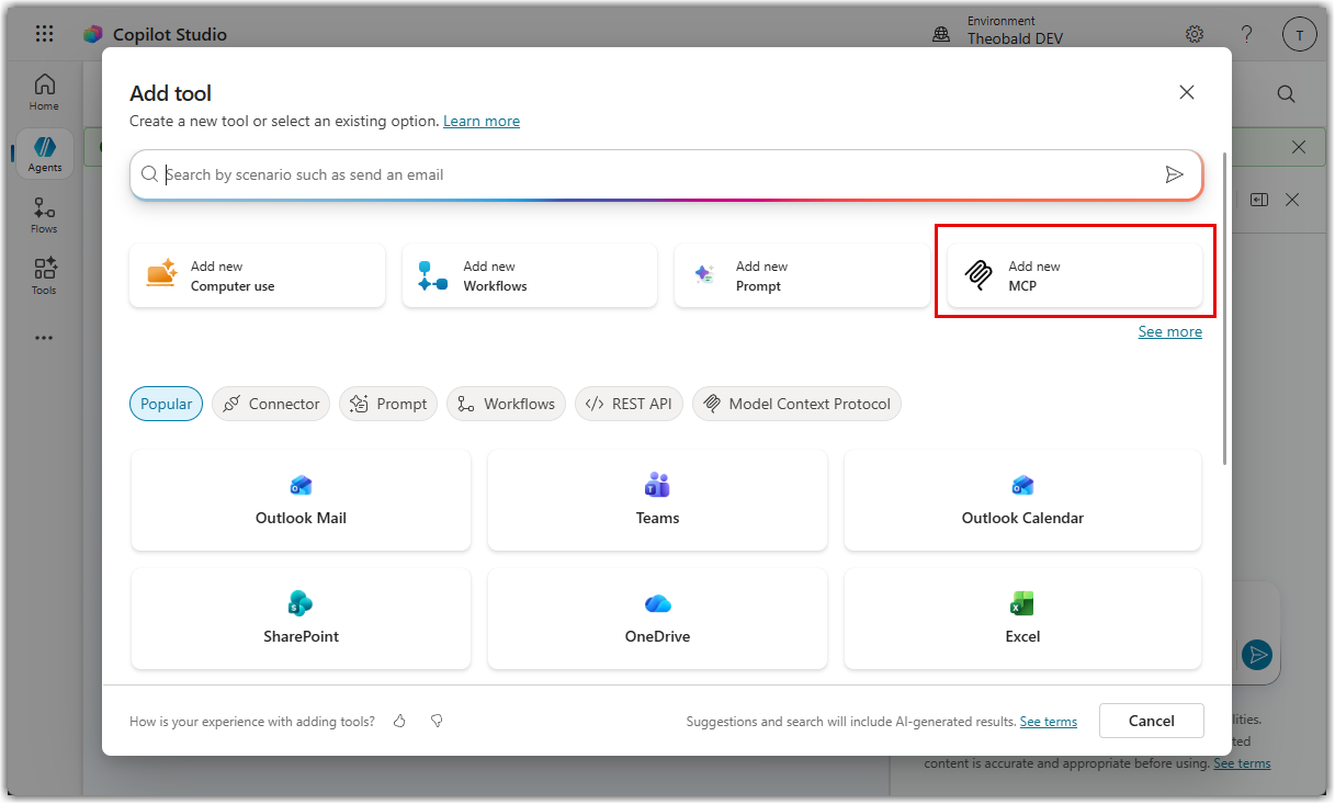 Copilot Studio > Agent > "Add tool" menu > Add new MCP button