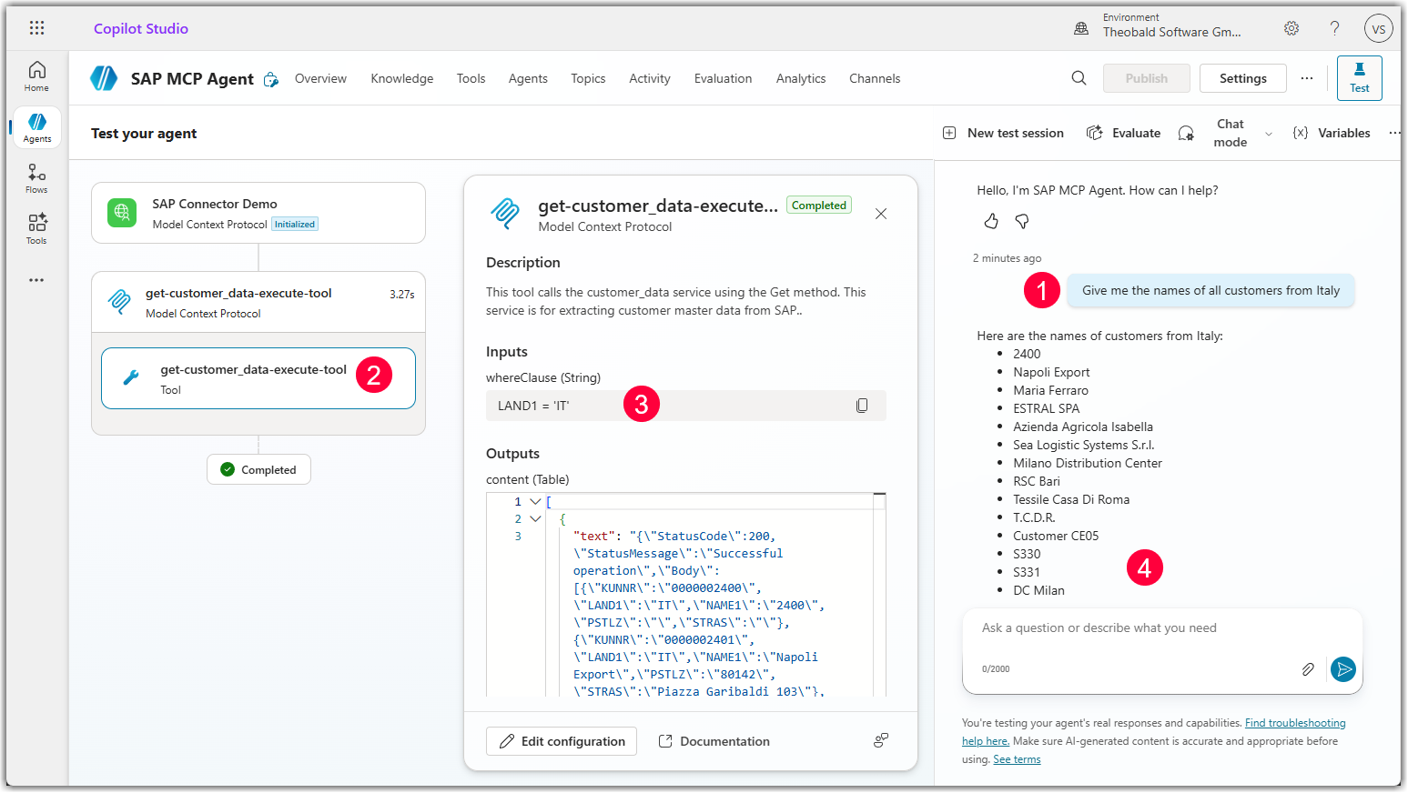 Testing the agent in Copilot Studio: After entering a prompt in the chatbot, the left side panel shows which tool/service was called and the middle panel shows the input and output of the tool/service