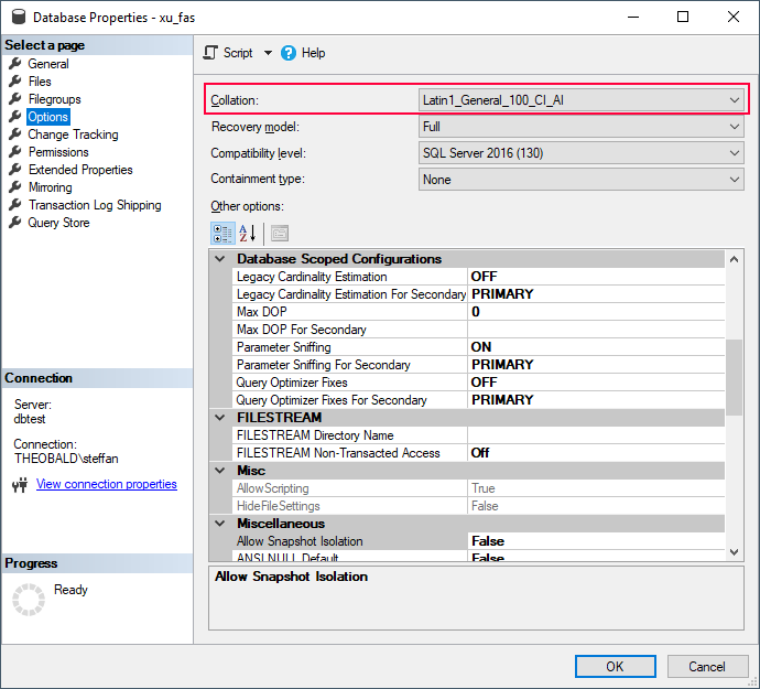 Database settings showing collation Latin1_General_100_CI_AI in SSMS