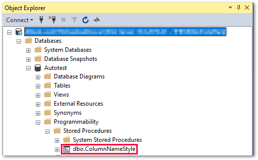 SSMS Object Explorer showing a created ColumnNameStyle stored procedure