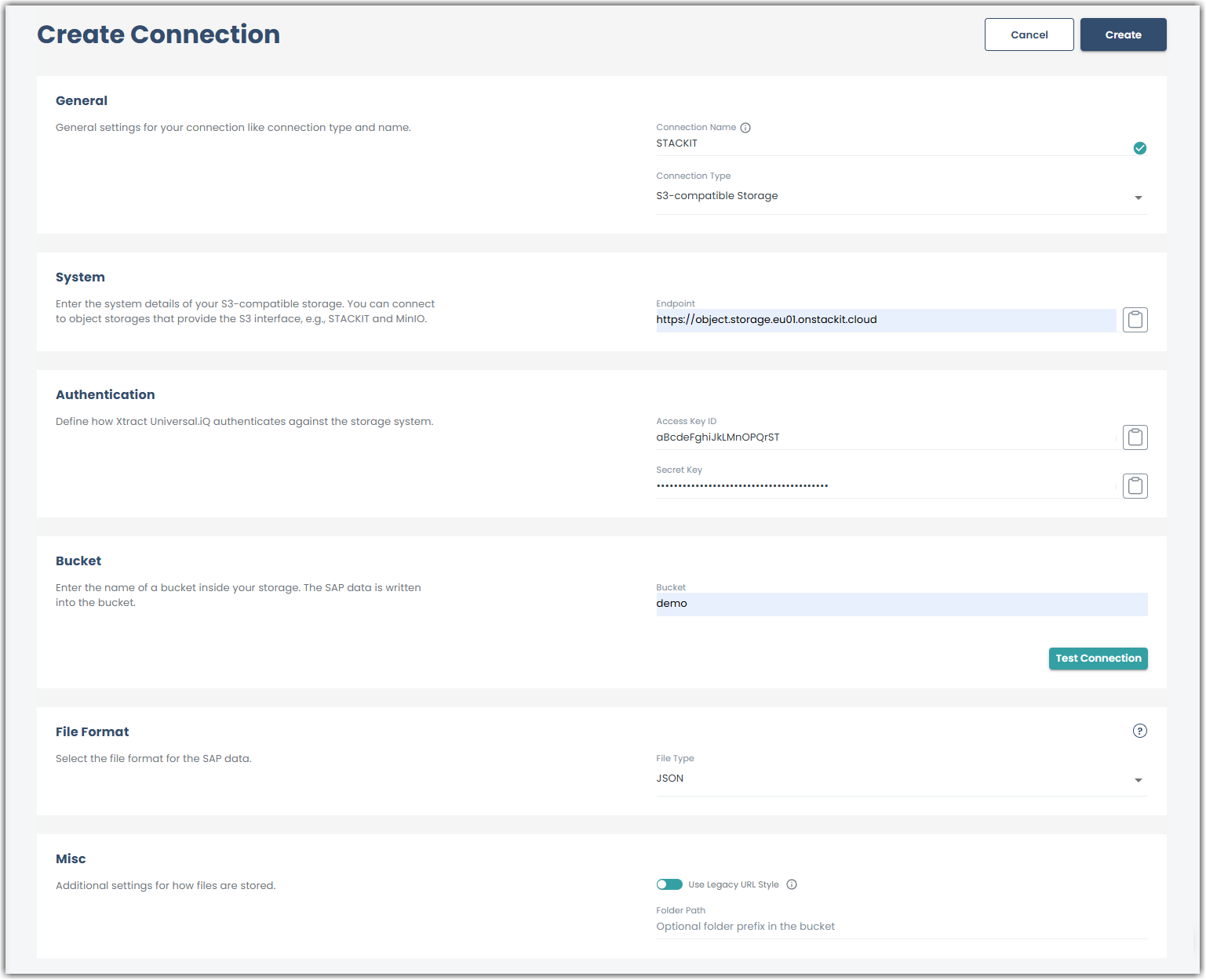 S3-compatible connection settings for configuring the storage endpoint, authentication, bucket, and file format