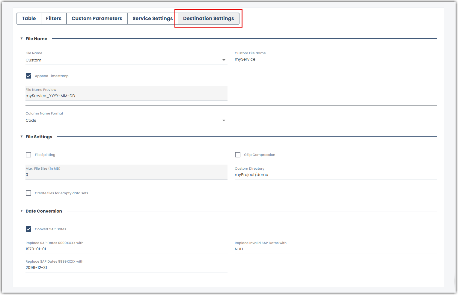 Destination settings for choosing the output filename, columns, folder, and file options
