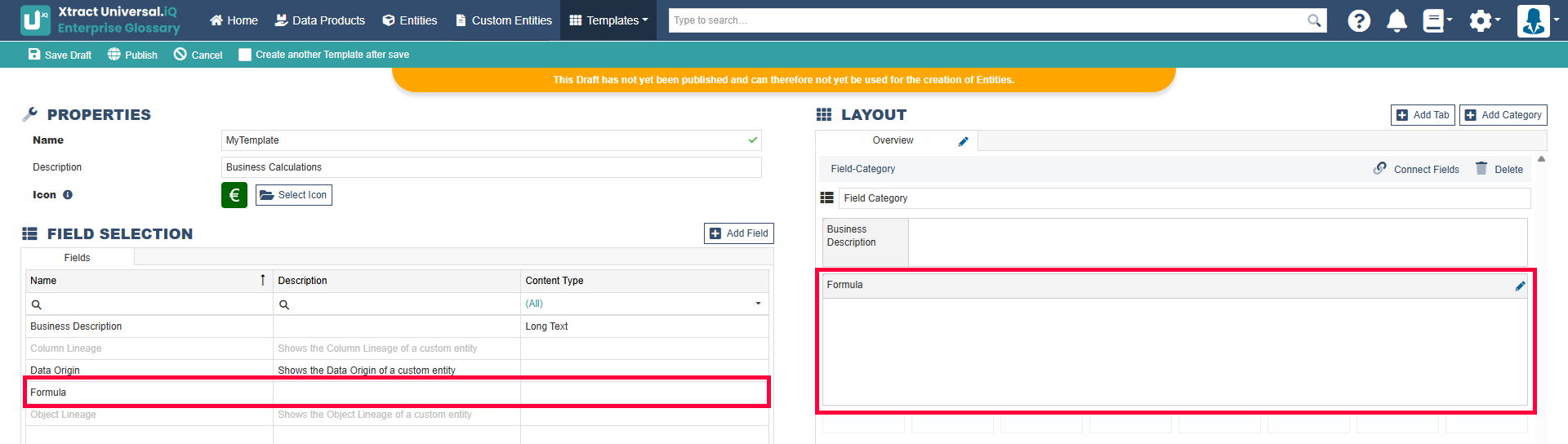 Entity settings with the buttons Save draft, delete draft and publish