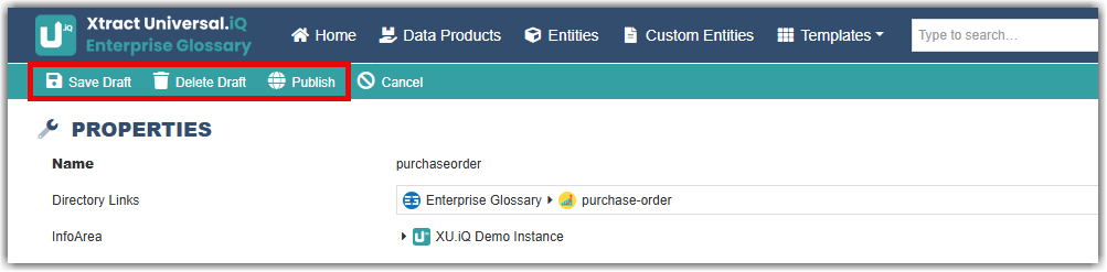 Entity settings with the buttons Save draft, delete draft and publish