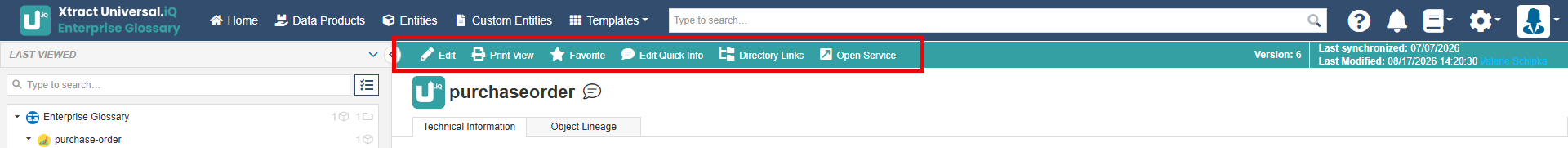 Entity Menu Bar inside an Xtract Unviersal.iQ Service Entity