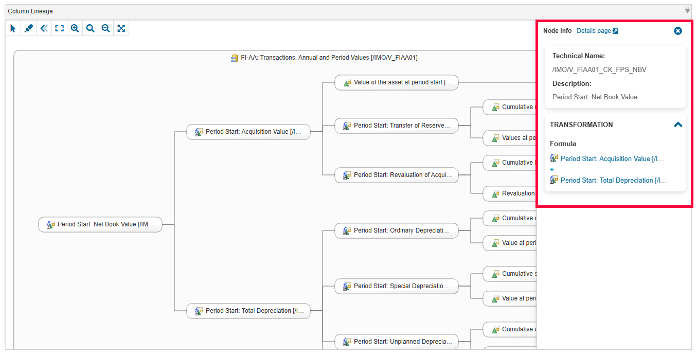 Node info panel inside the Column Lineage data flow