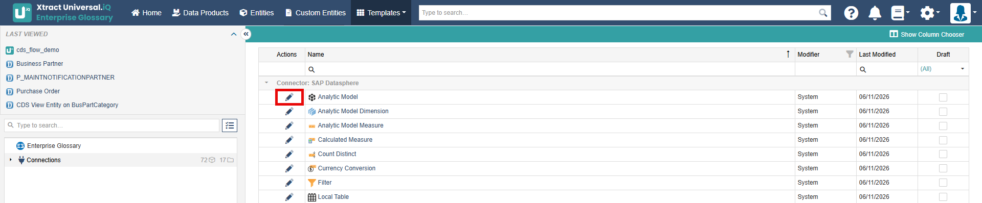 Template menu showing the list of templates and the dit button in the left column