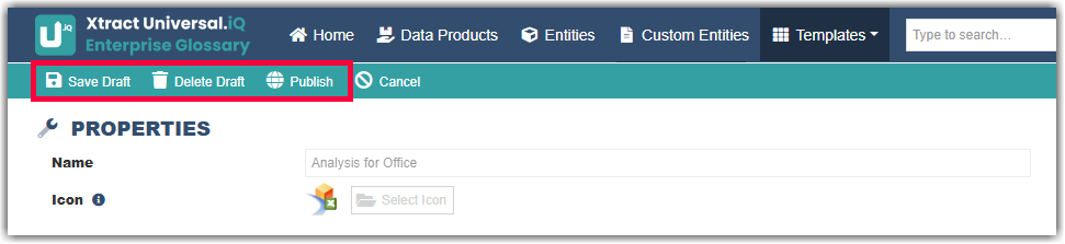Template settings with the buttons Save draft, delete draft and publish