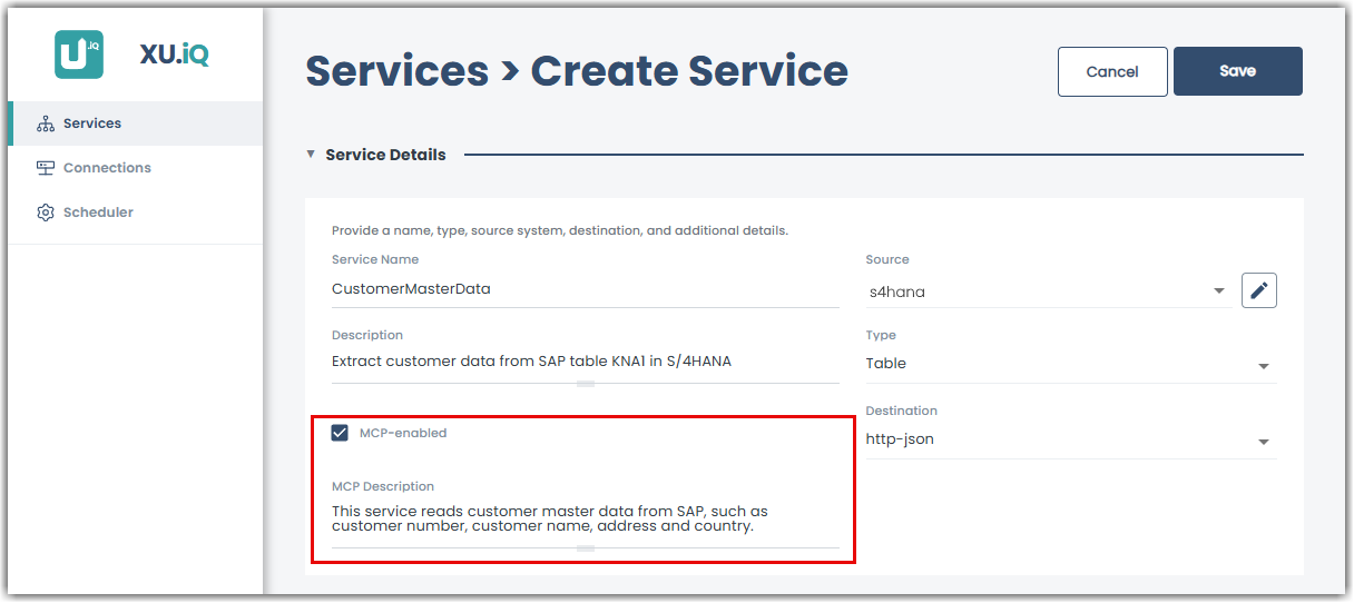 MCP-endpoint checkbox in the create service menu