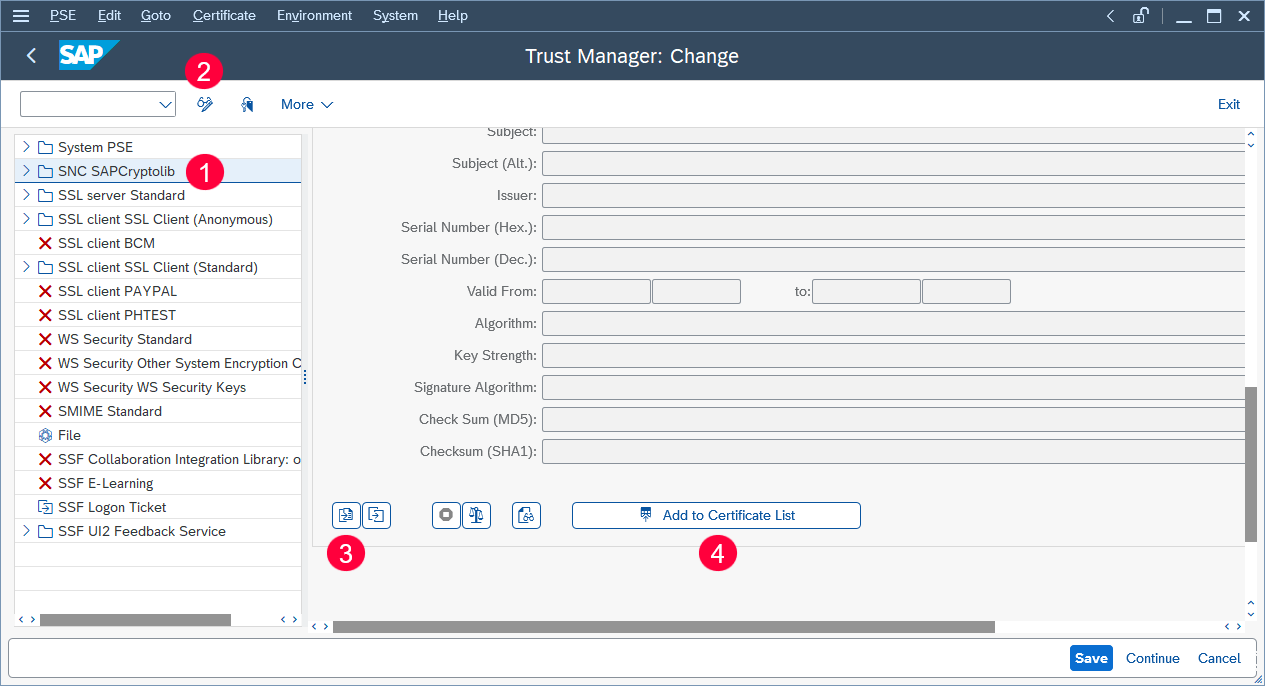 SNC certificate import in SAP STRUST showing all steps in the SAP GUI to import a local certificate