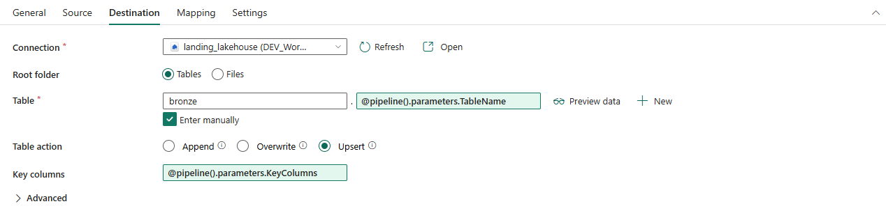 Destination Settings of the Copy Data activity