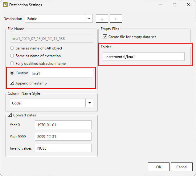 The GUI of the Xtract Universal Destination Settings showing the input field for a custom file name, the append timestamp checkbox, and the input field for the folder name