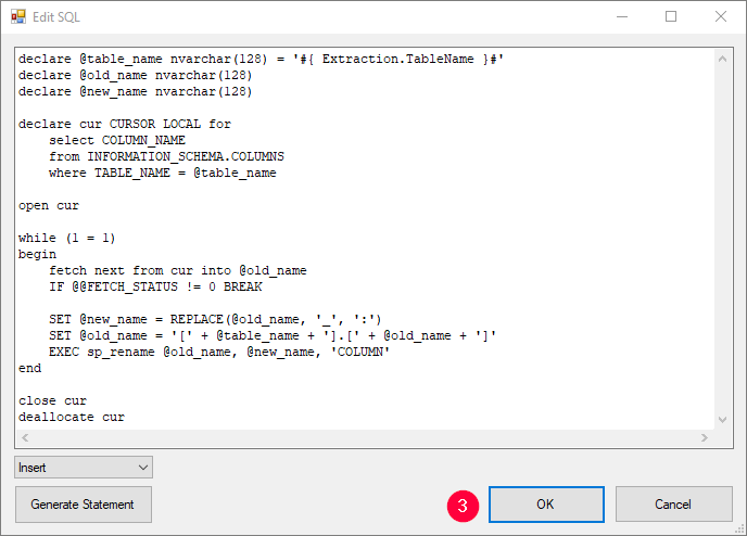 Finalization step Edit SQL dialog with custom T-SQL inserted
