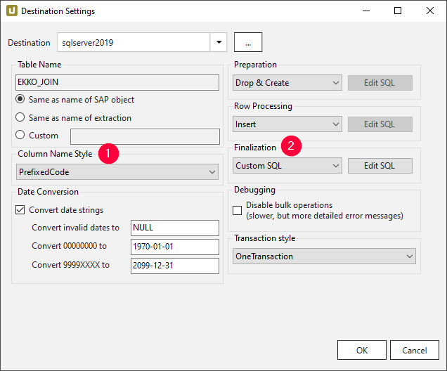 Destination settings showing Column Name Style set to PrefixedCode and Finalization set to Custom SQL