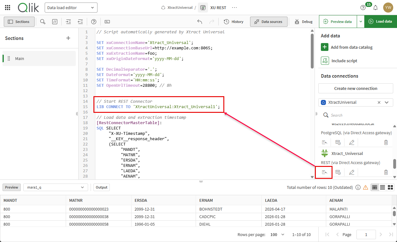 Qlik Cloud data load editor showing where to paste the connection string