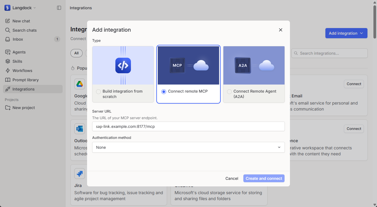 Langdock integration menu showing 'Connect remote MCP' option