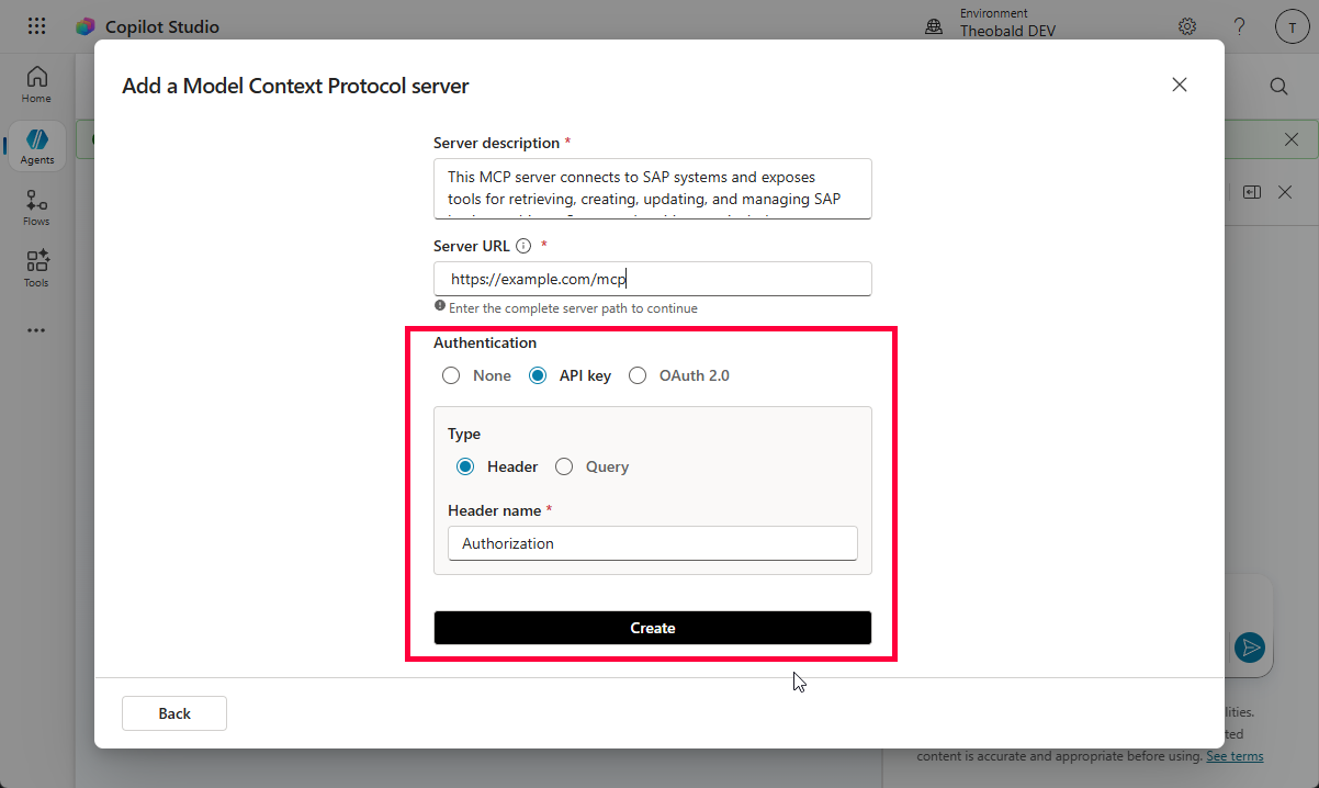 Copilot Studio API Key option Header or Query