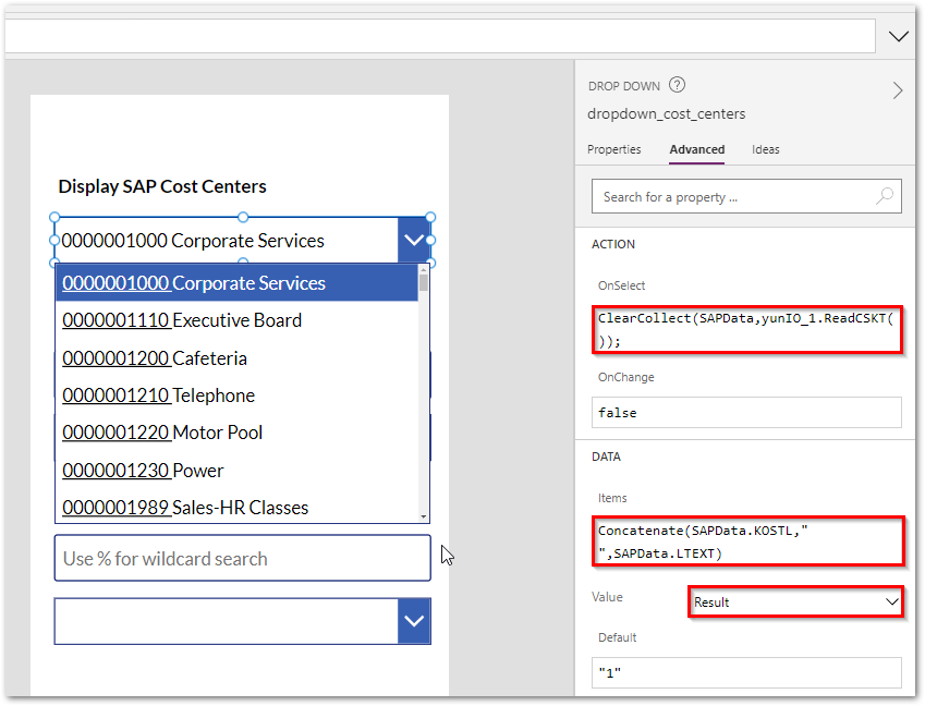 yunio-powerapps-display-cost-centers