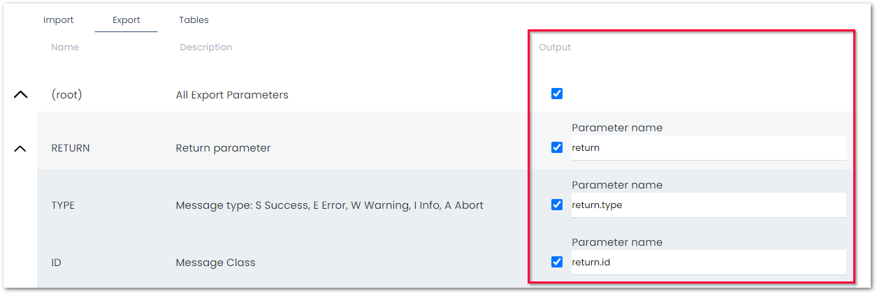 BAPI export parameters