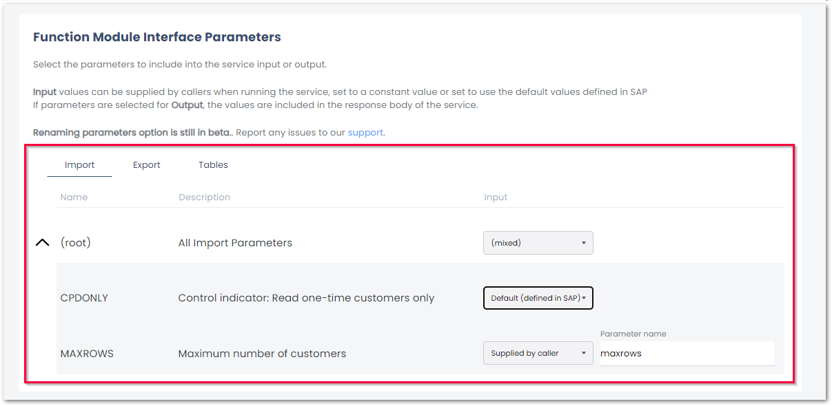 BAPI export parameters
